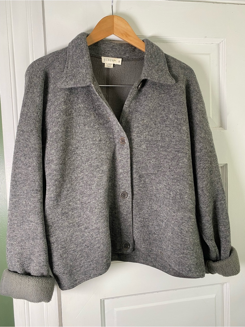 J. Crew cropped Gray wool Button-Front Cardigan Jacket fleece lined size xl
